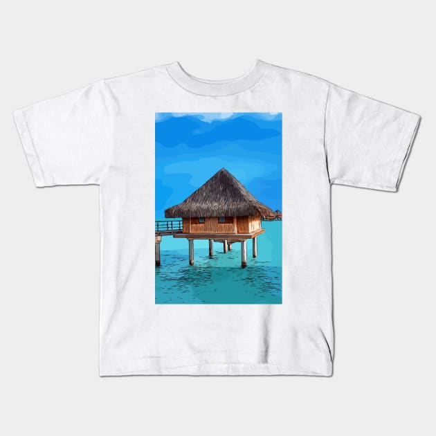 Bungalow in Bora Bora Kids T-Shirt by WelshDesigns